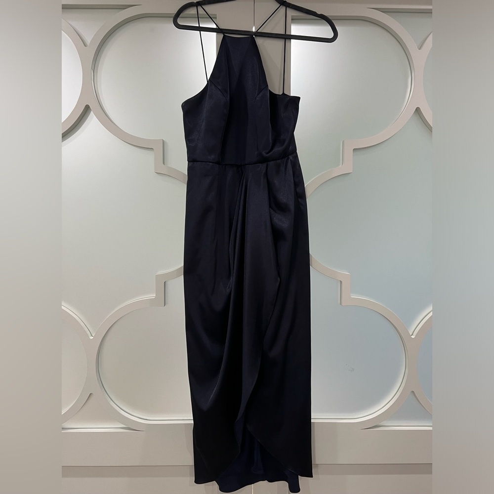After Six Bow Halter Neck Stretch Satin Gown - Midnight Size 6